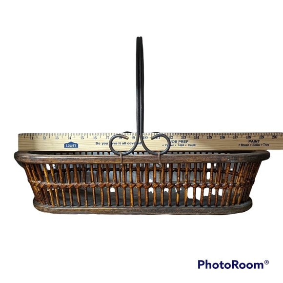 Vnt Wood Basket 19.5”x 8.5”x 4.5" Metal Handle Dark Brown Farmcore Rustic - Picture 4 of 9